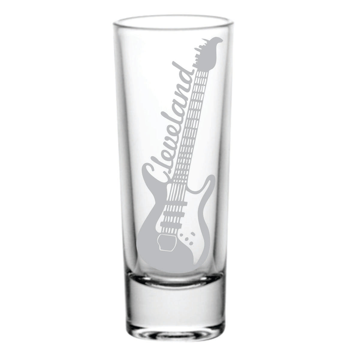 This glass shotglass is laser etched. The image is a guitar with Cleveland on the side and the skyline on the tuner.