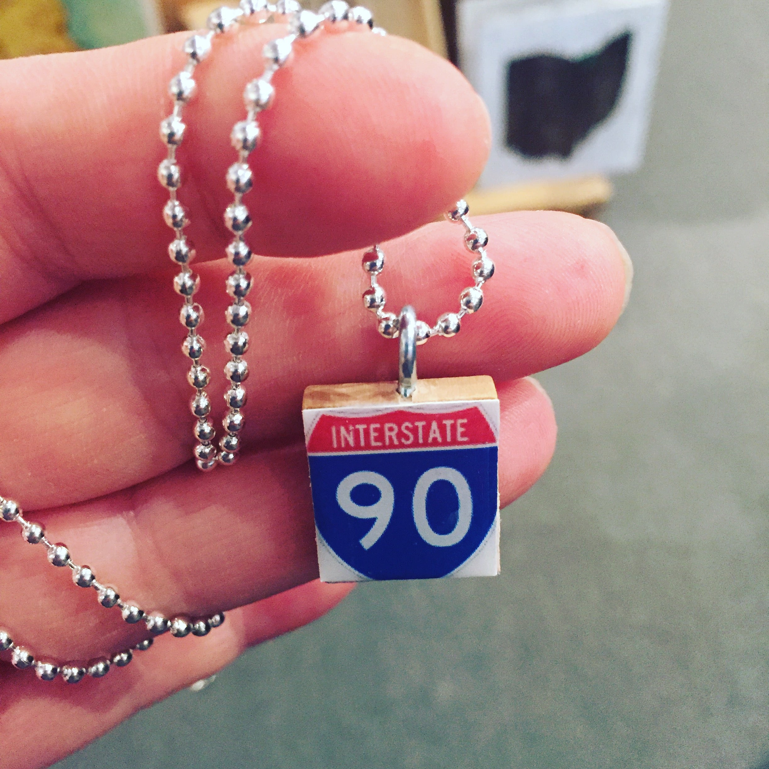 Interstate 90 Scrabble Pendant With Ball Chain