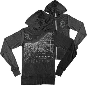 This zip up is a must have. Map of Cleveland is on the back of this Bella Canvas triblend (50% polyester, 25 % rayon, 25% cotton) light weight hooded zip up jacket. The color is charcoal.