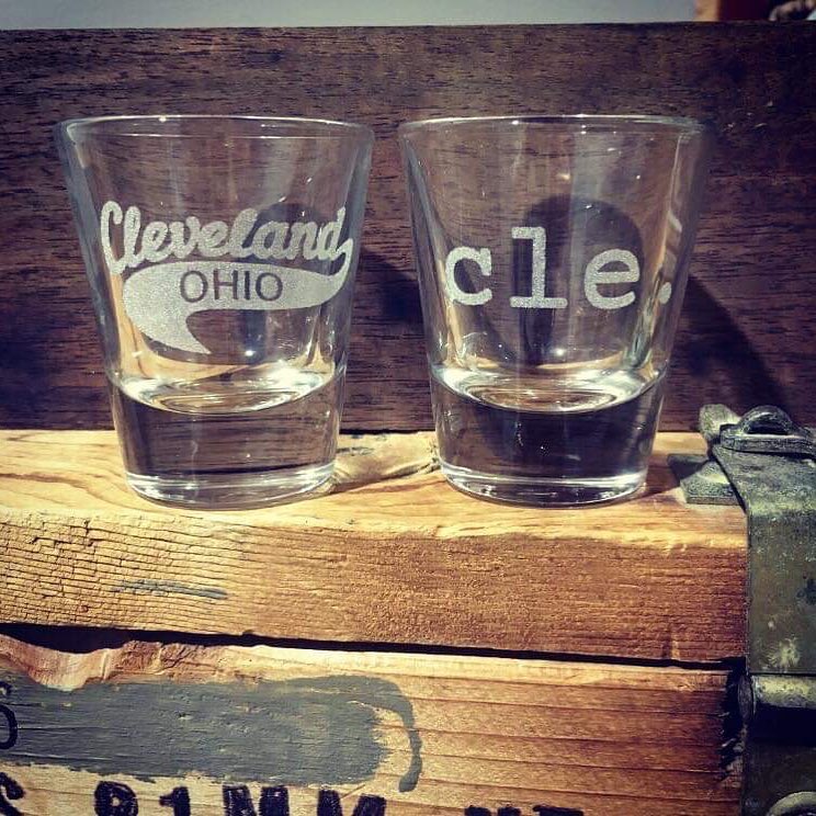 CLE. And Cleveland Swoop Shot Glasses