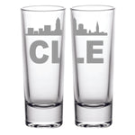 Set of two shot glasses. The CLE design wraps around the shot glass. It is a 2.5 oz laser etched shot glass. Dishwasher safe.
