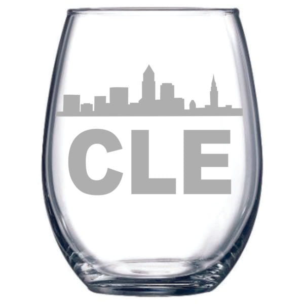 This glass features the Cleveland Skyline and the letters C L E. It is 15oz and laser etched.